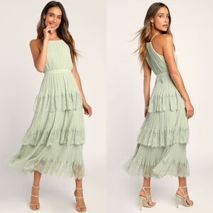 Lulus Came For Cocktails Sage Green Pleated Tiered Lace Maxi Dress M Wedding